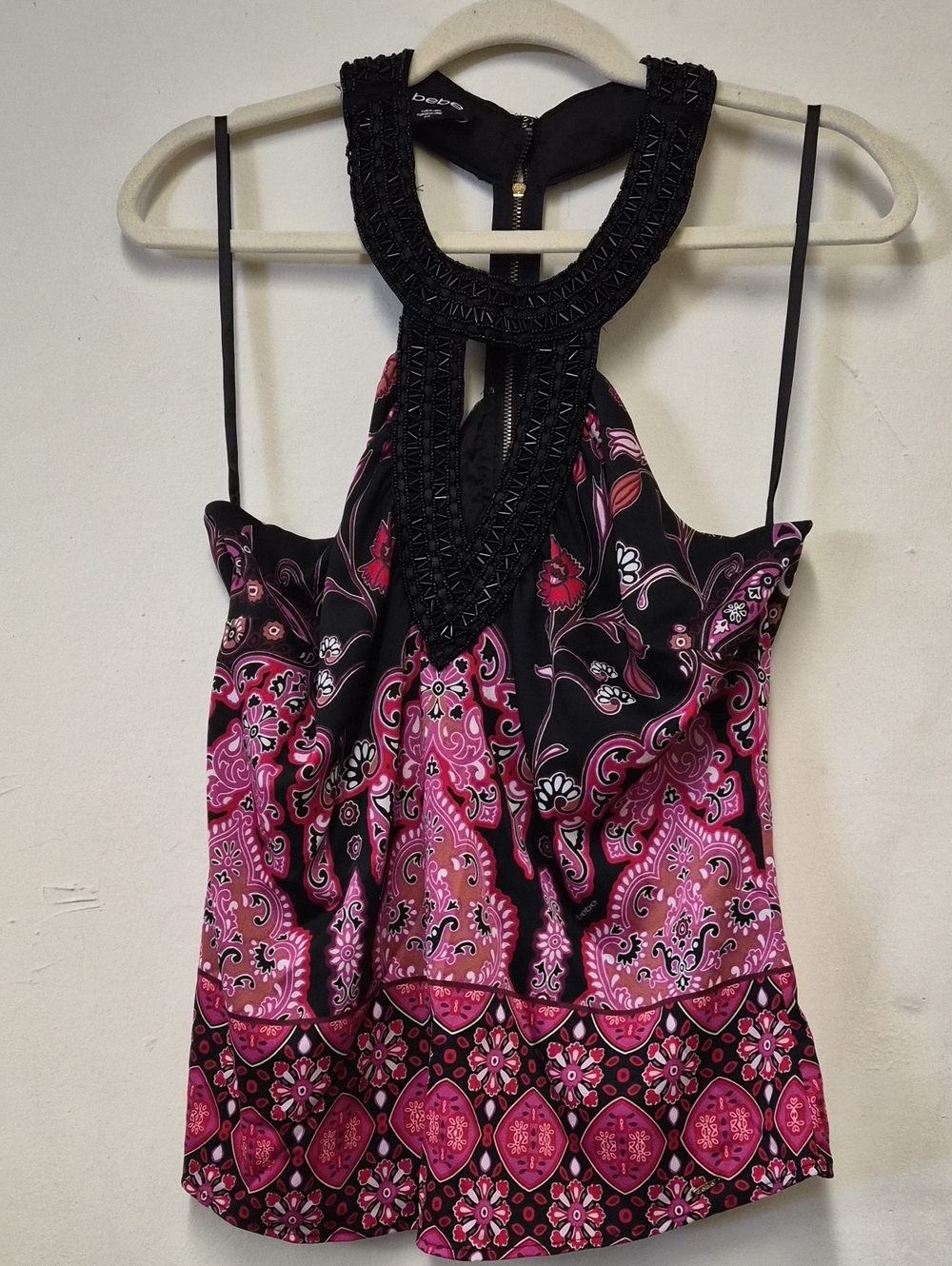bebe Black and Pink Paisley Halter Camisole Size M